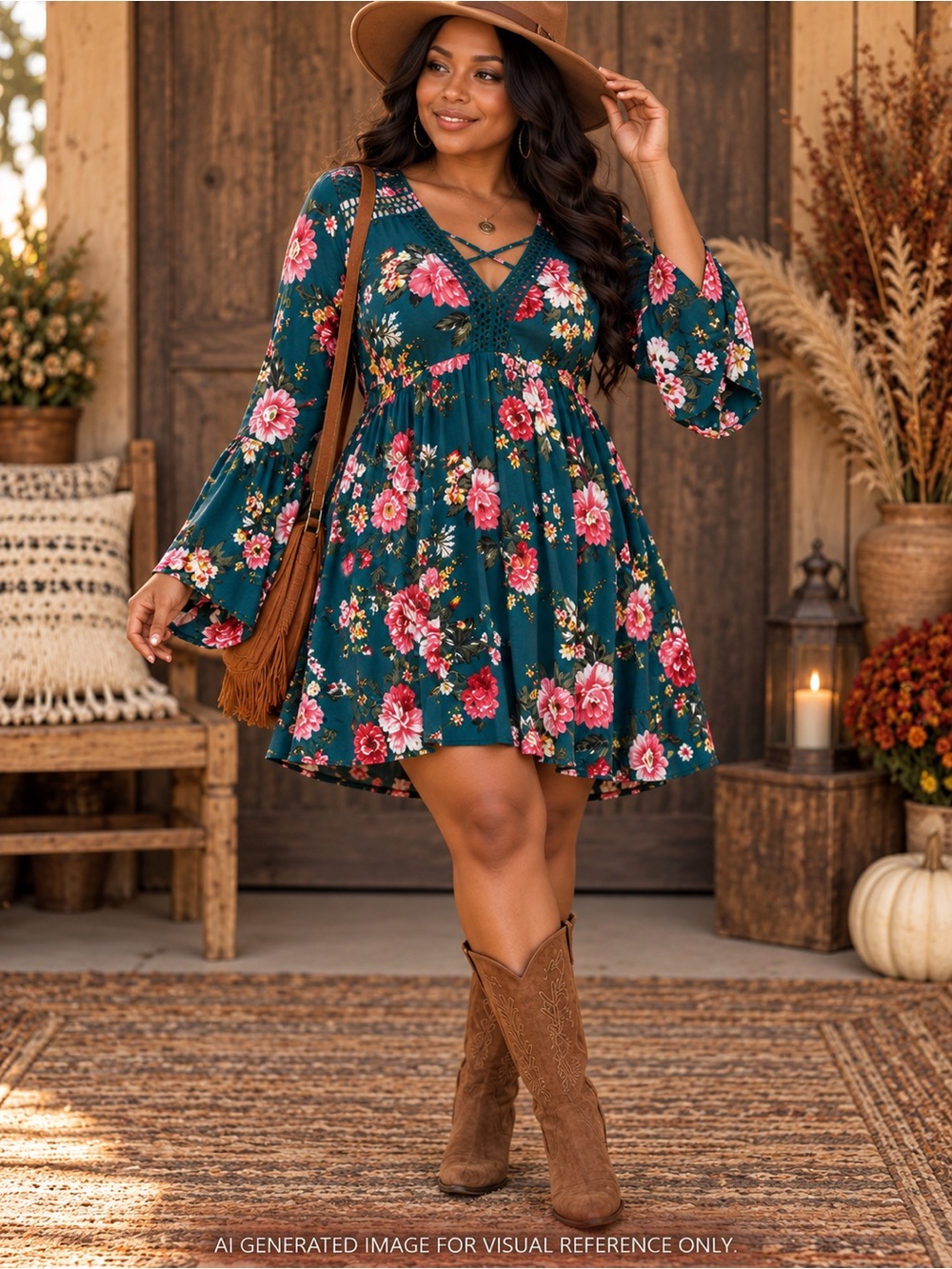 Umgee Floral Crochet Lace Bell Sleeve Boho Dress Teal Pink Size Small NWT